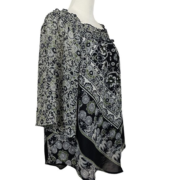 Womens Blouse XL Paisley Navy Blue Gray Floral Mosaic Bandana Sheer Boho Hippy - Picture 1 of 16